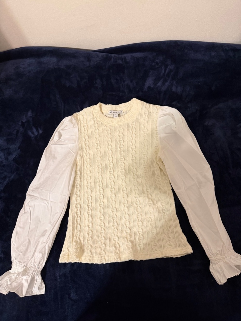 Cream Cable-Knit Sweater Top with White Puff Long Sleeves